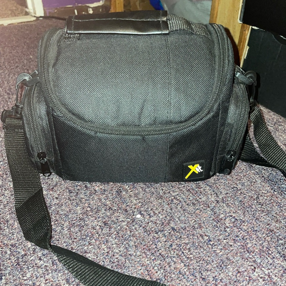 Dslr Camera bag black leather handle crossbody compartments